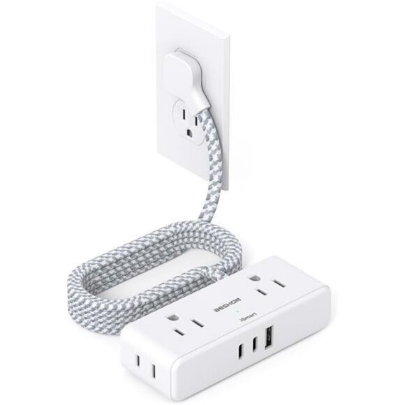 Flat Extension Cord 6 feet Flat Plug Power Strip 4 Widely Outlets with 3 USB P - Picture 1 of 7